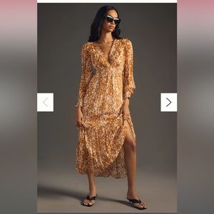 By Anthropologie Ruffled V-Neck Dress in HONEY size small